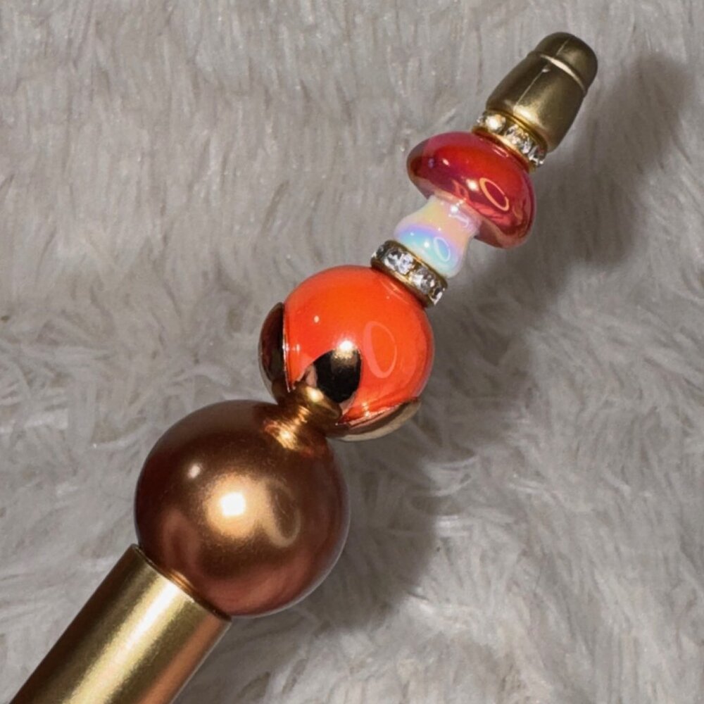 Beaded Mushroom Pen, Colorful Gold Beads with Black Ink + 1 replacement ink.